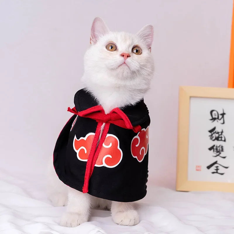 Adorable white cat wearing a Naruto pet cloak with red cloud design for stylish pets