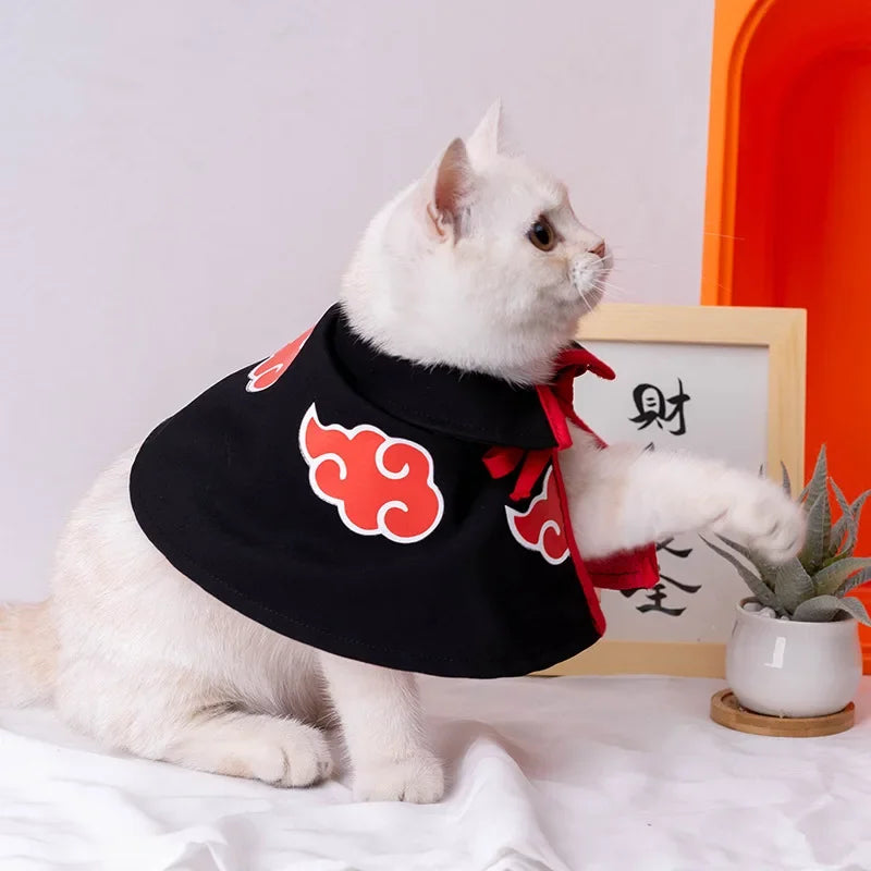 Cute cat wearing a Naruto pet cloak featuring red cloud designs for adorable pet cosplay