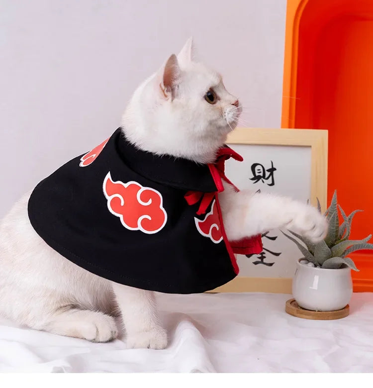Cute cat wearing a Naruto pet cloak featuring red cloud designs for playful pets