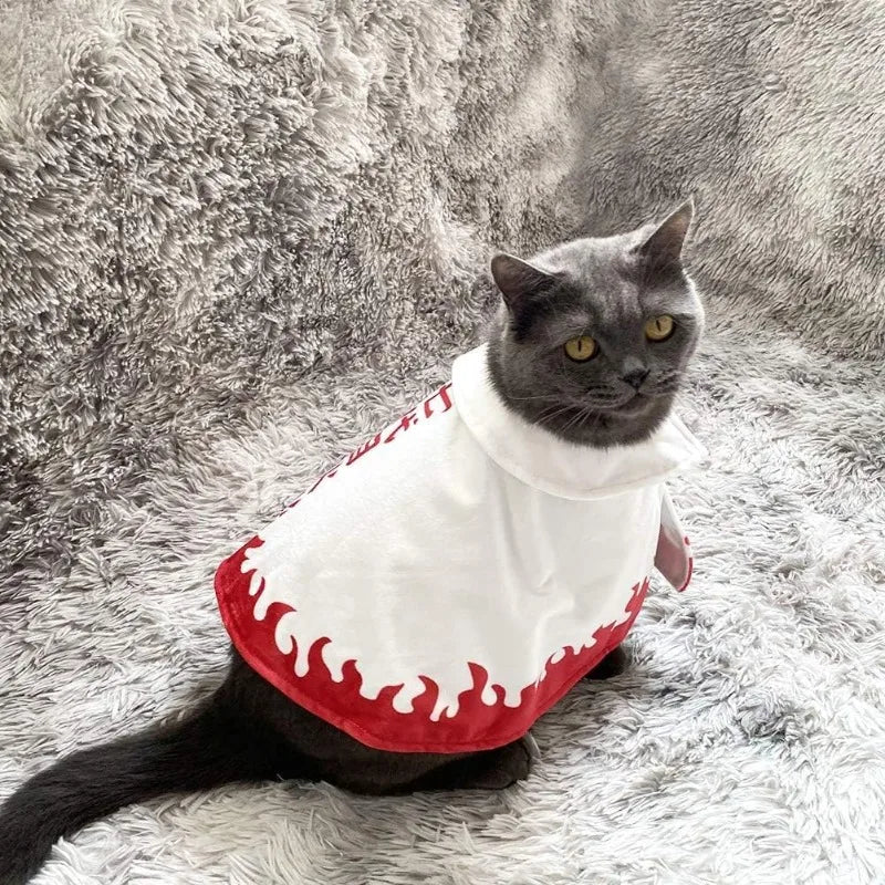 Flame-themed Naruto pet costume for cats, perfect for anime lovers and cosplay events
