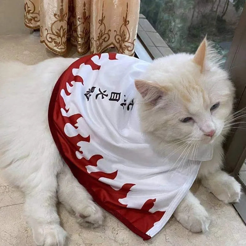 Fluffy white cat wearing a Naruto pet costume with a red and white design for anime fans