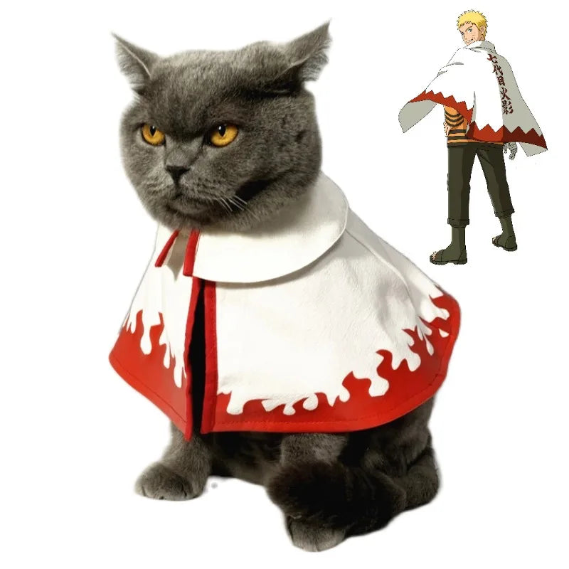 Gray cat wearing Naruto pet costume with red and white cloak featuring flame design