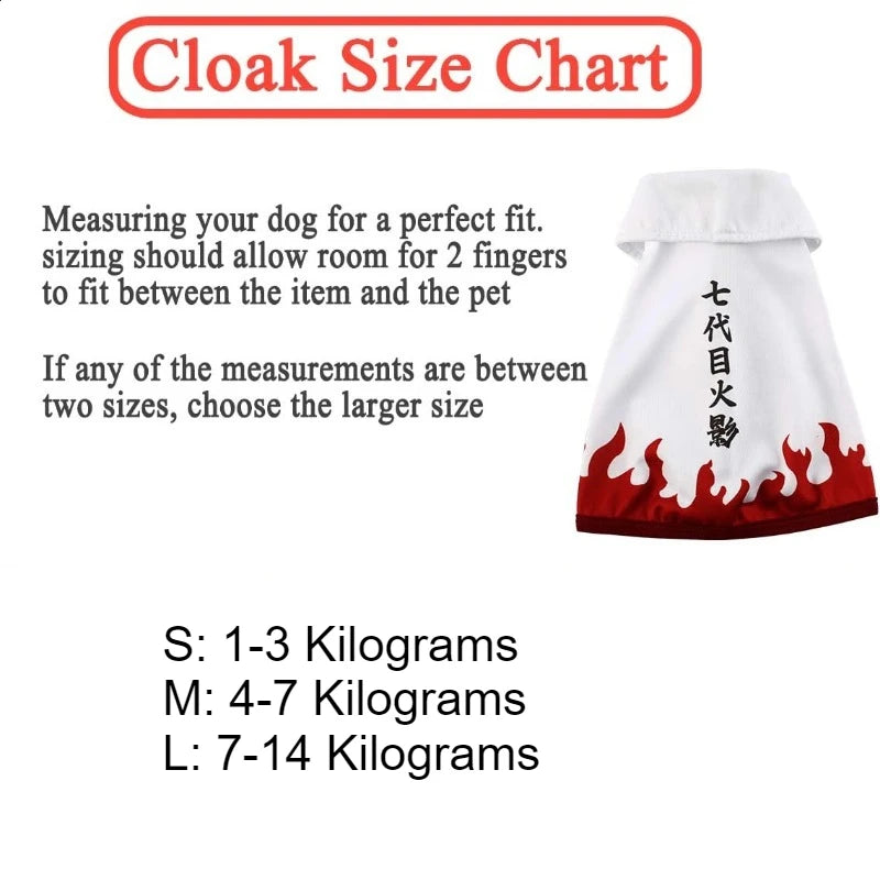 Cloak size chart for Naruto pet costume showing measurements for small and large sizes
