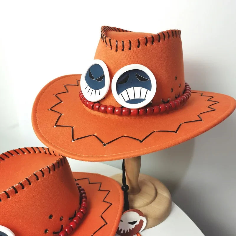Ace cosplay hat One Piece featuring vibrant orange color and unique decorative details