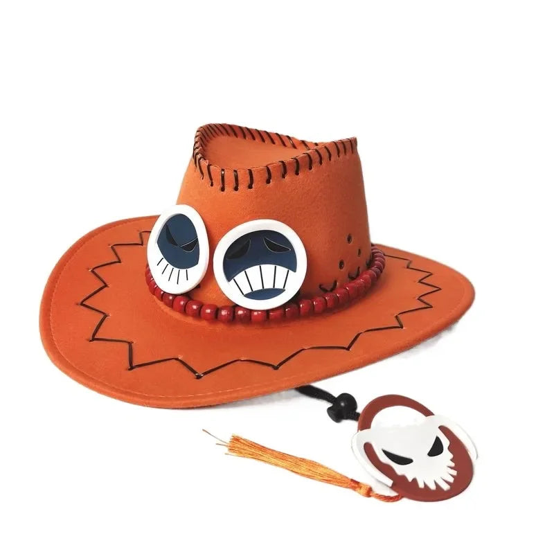 Ace cosplay hat One Piece in orange with unique eye details and decorative stitching