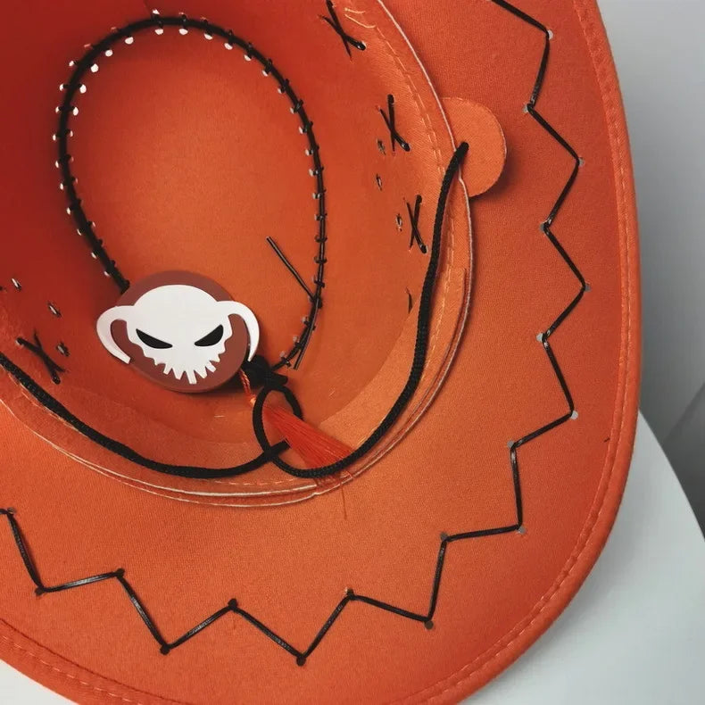 Ace cosplay hat One Piece featuring a bright orange design and detailed stitching inside