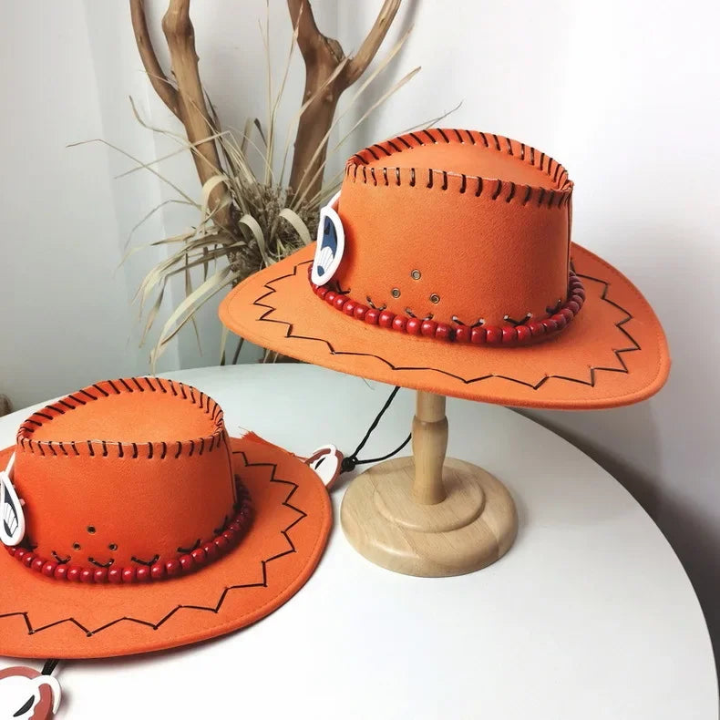 Ace cosplay hat One Piece in orange with decorative stitching and beads, perfect for anime fans