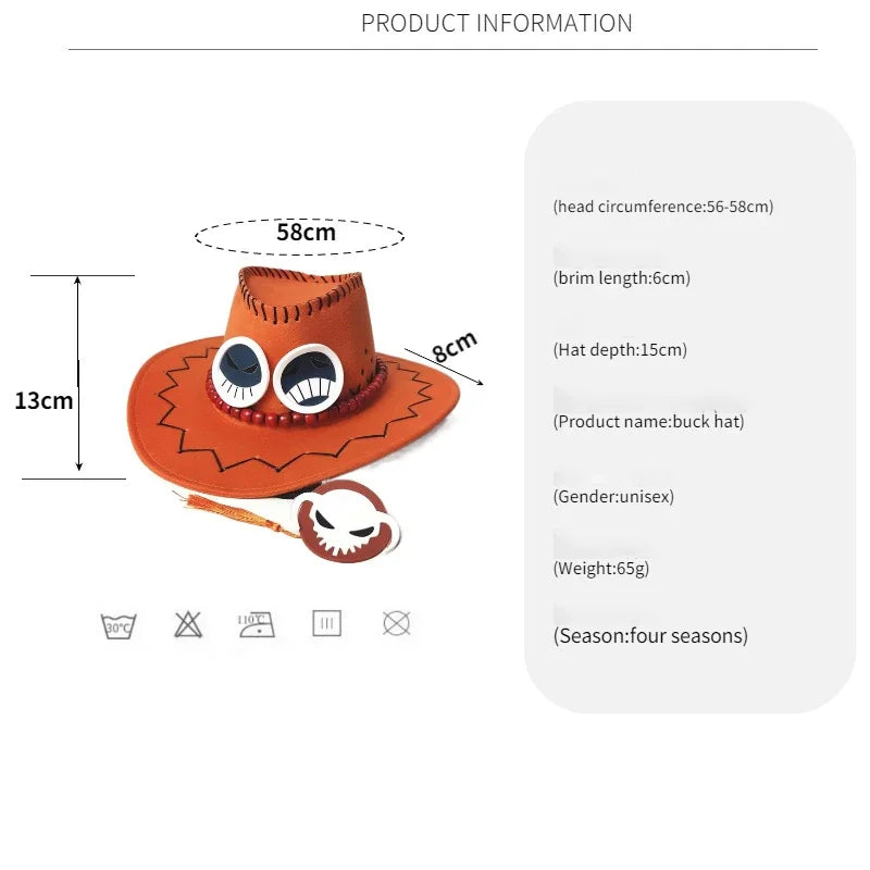 Ace cosplay hat One Piece in orange with unique eye design and wide brim for fans and costumes