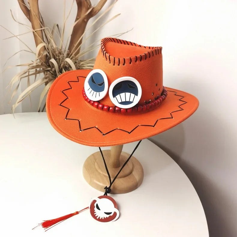 Ace cosplay hat One Piece in orange with decorative eyes and beads, perfect for anime fans