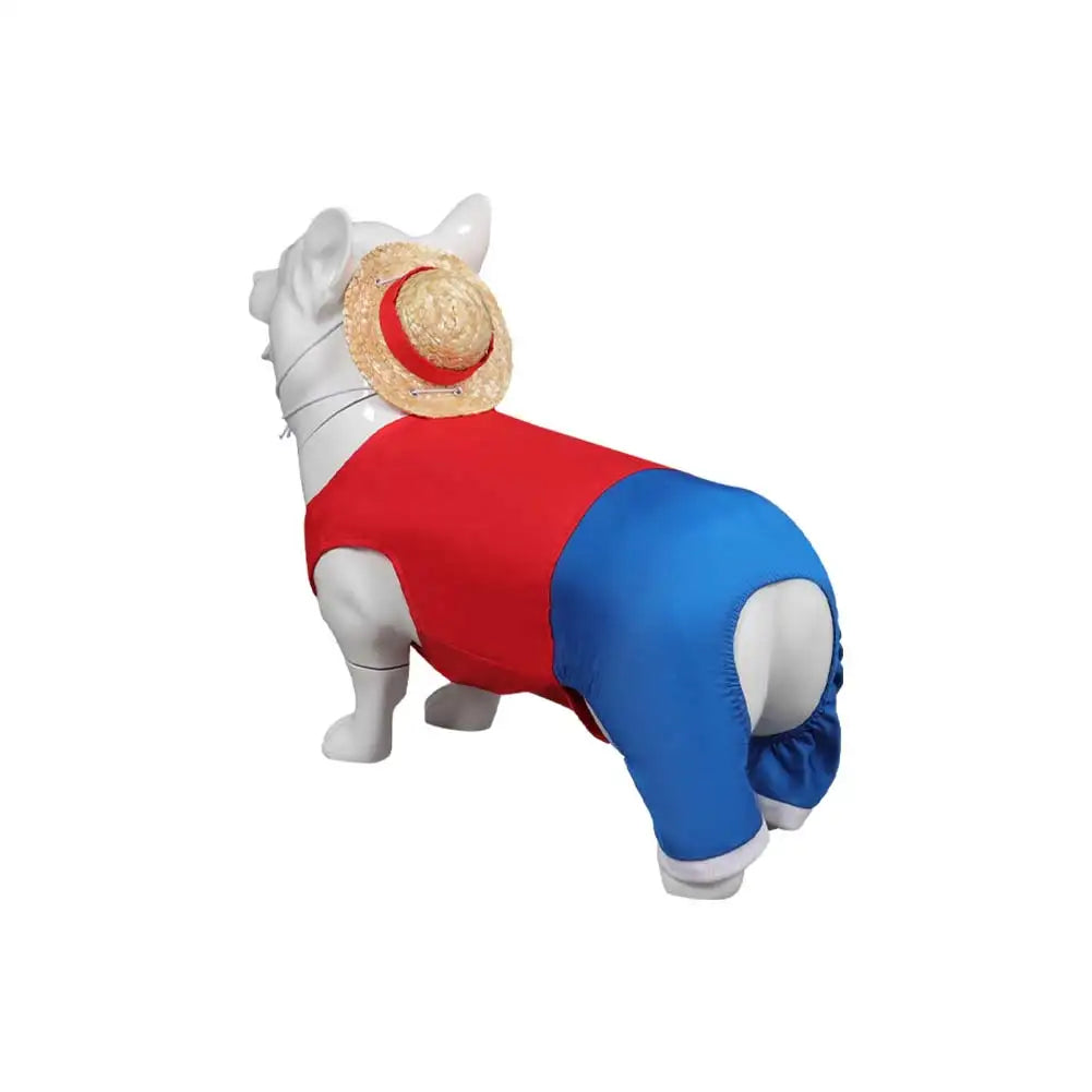 Dog wearing a One Piece dog outfit with red and blue colors and a straw hat for cute pet styling
