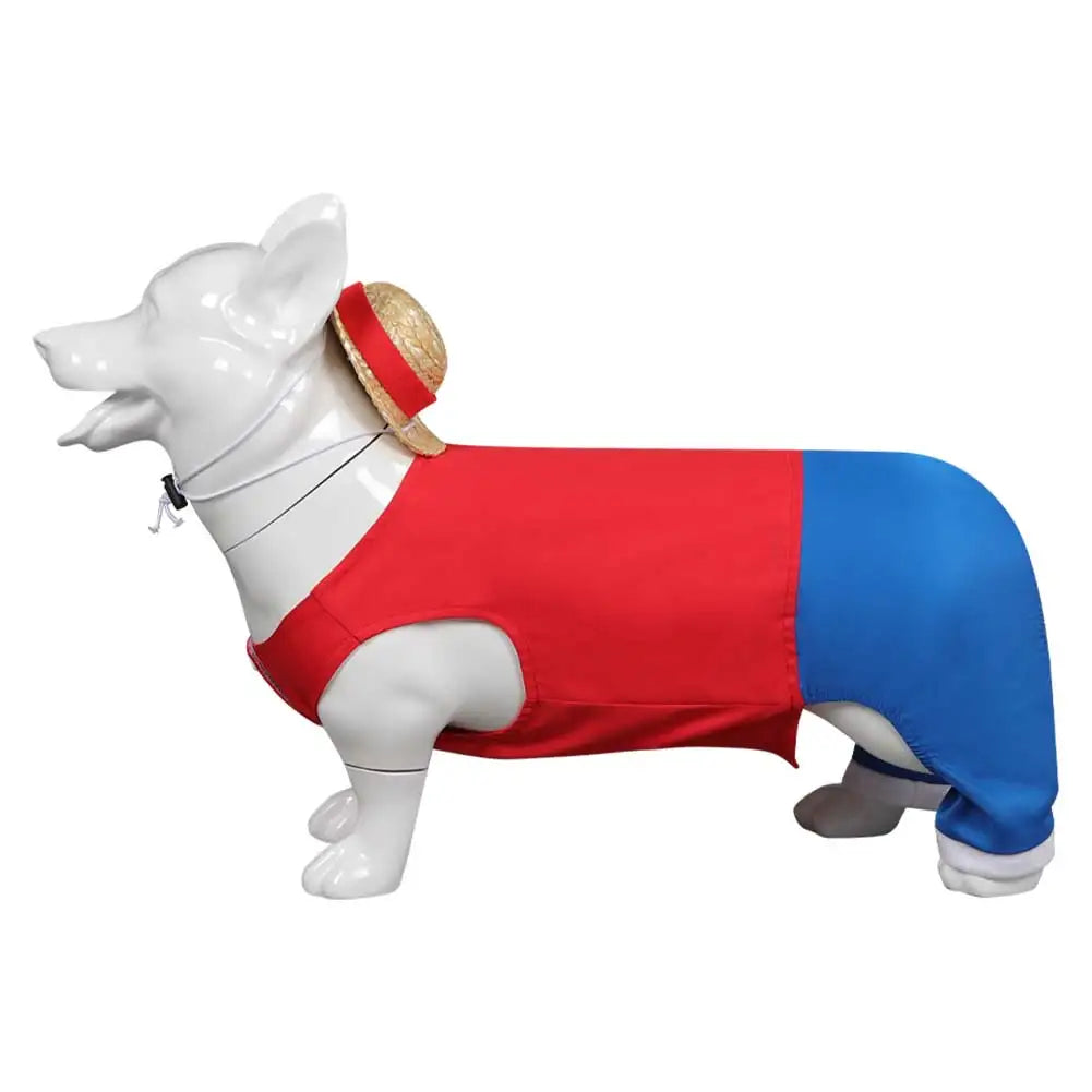 Cute One Piece dog outfit in red and blue for fun pet dress-up occasions