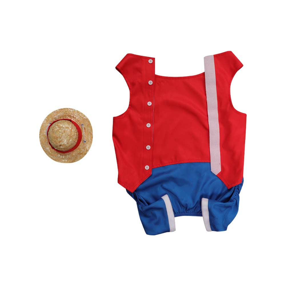 One Piece dog outfit in red and blue with matching straw hat for playful pets