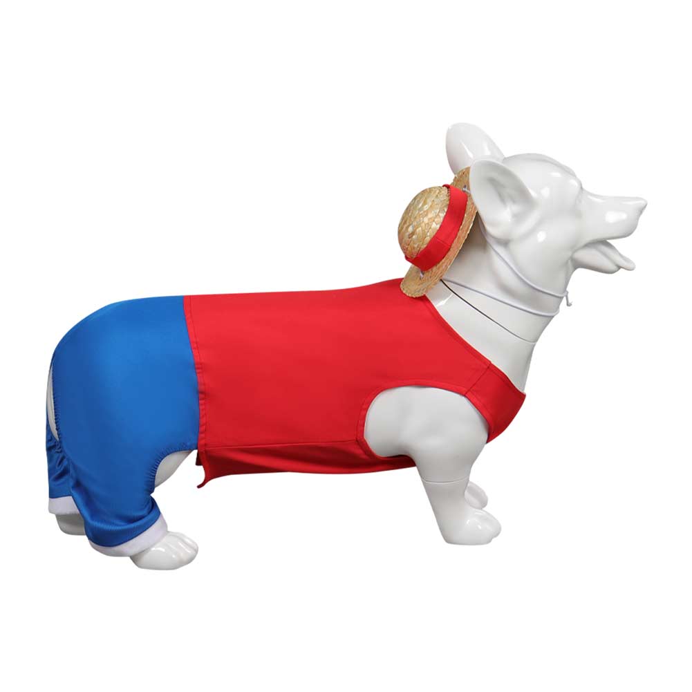 Colorful One Piece dog outfit featuring a red top and blue pants with a straw hat accessory