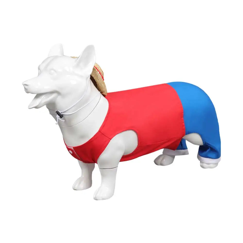 Adorable One Piece dog outfit featuring a red and blue design perfect for playful pets