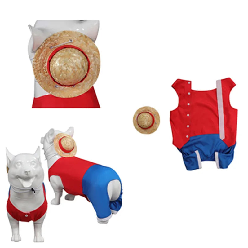 One Piece dog outfit in red and blue with a straw hat for stylish pet dressing