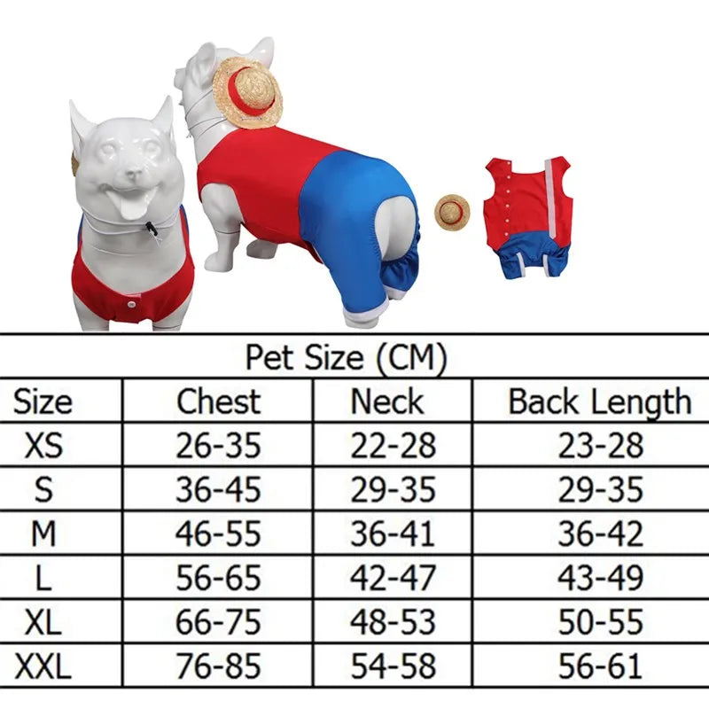 One Piece dog outfit in red and blue with straw hat, perfect for stylish pet adventures