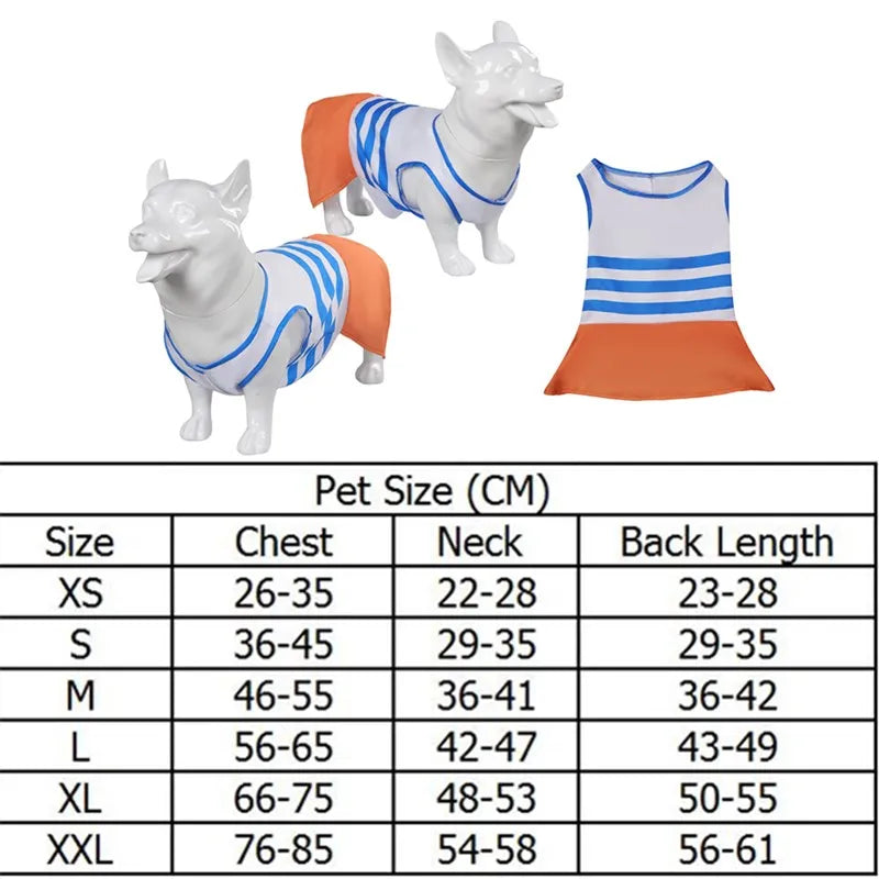 One Piece dog outfit available in various sizes with blue and orange striped design