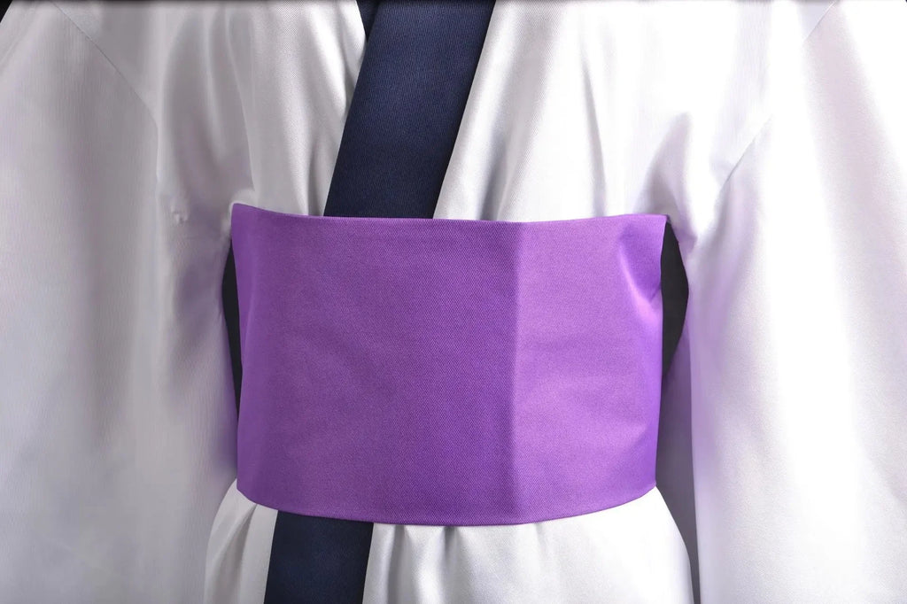One Piece Zoro Halloween costume featuring a purple belt and white fabric for a complete look