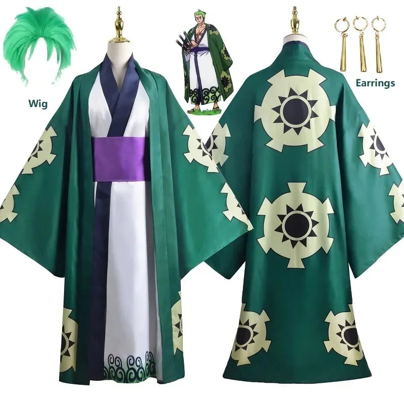 One Piece Zoro Halloween costume including kimono, wig, and earrings for anime fans