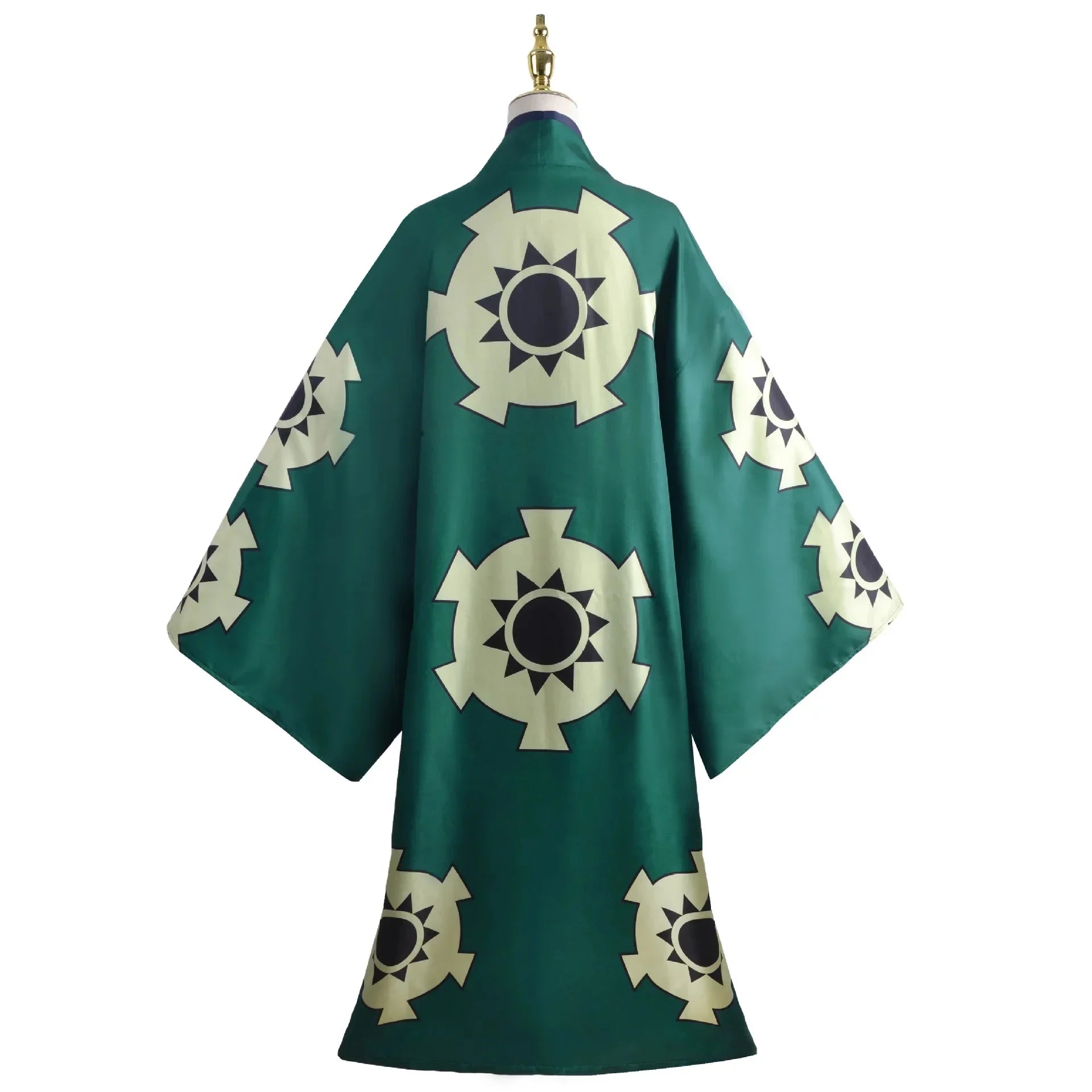 One Piece Zoro Halloween costume in green with sun designs, perfect for cosplay events