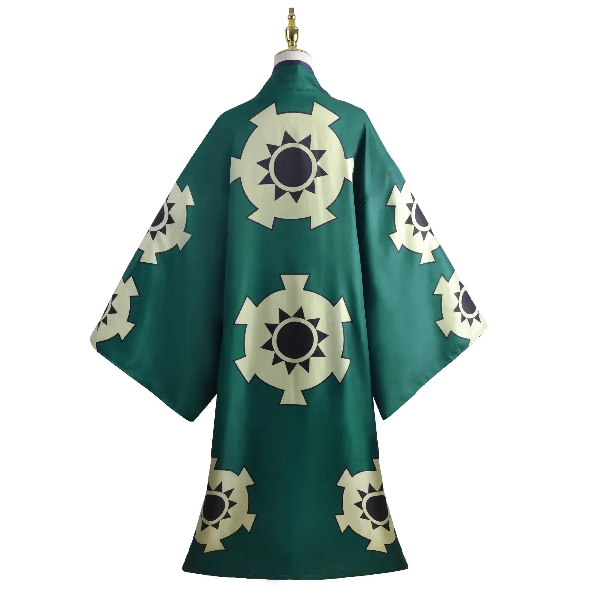 One Piece Zoro Halloween costume with green fabric and unique sun emblem design on the back