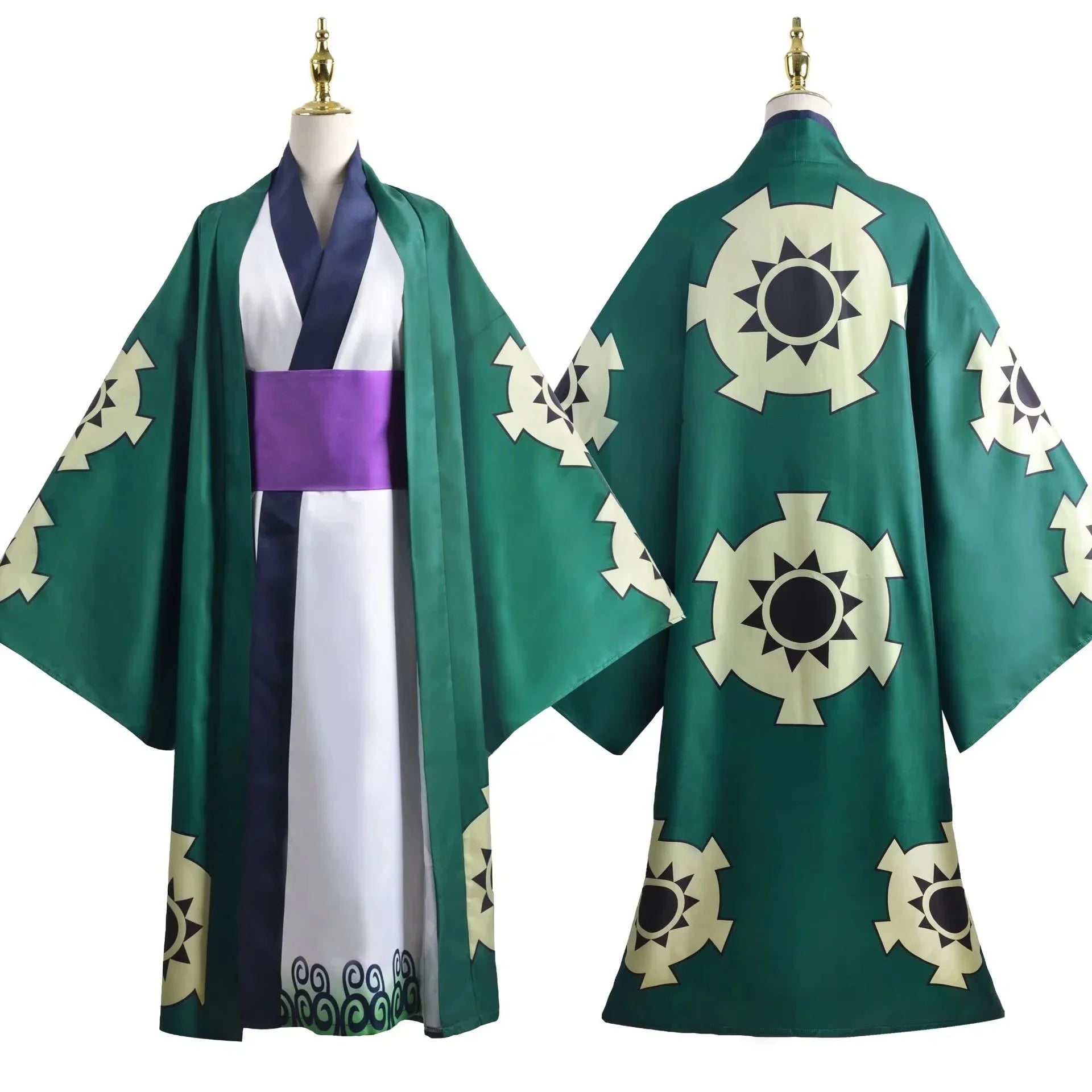 One Piece Zoro Halloween costume featuring a green kimono with intricate designs and a contrasting purple belt
