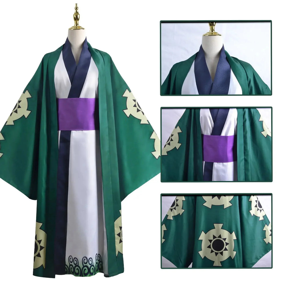 One Piece Zoro Halloween costume featuring a vibrant green robe with intricate designs and a purple sash