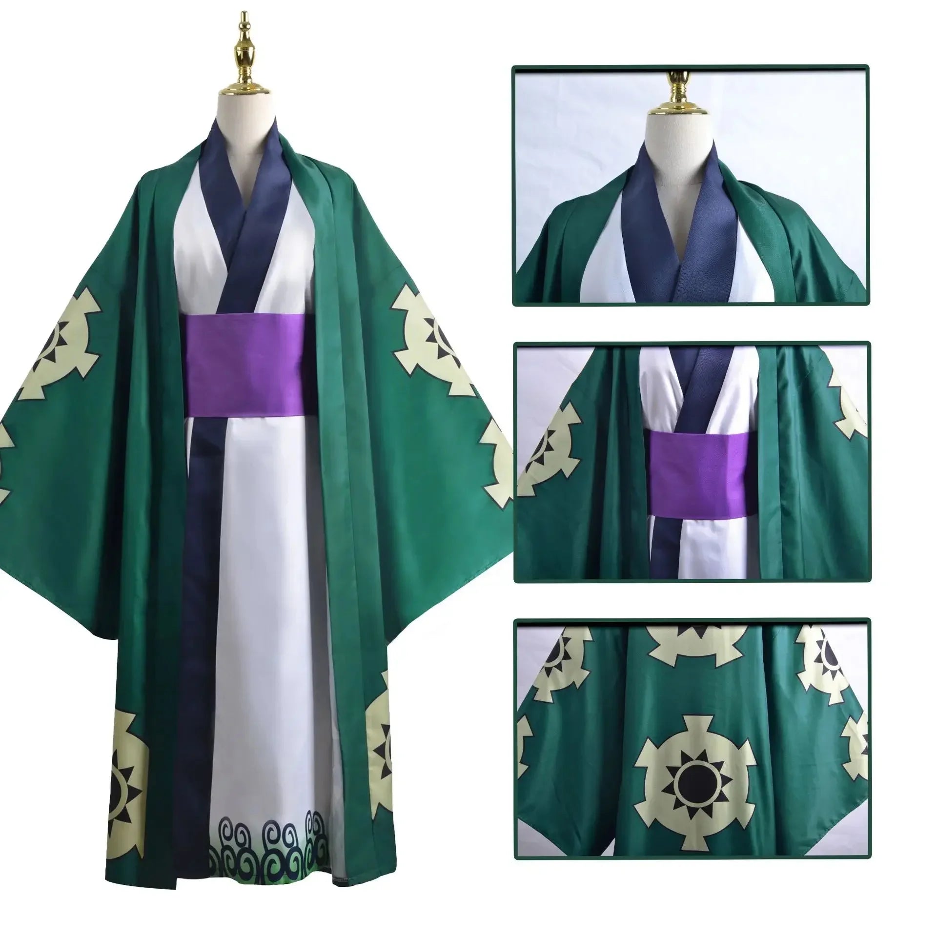One Piece Zoro Halloween costume featuring a vibrant green robe with intricate designs and a purple sash