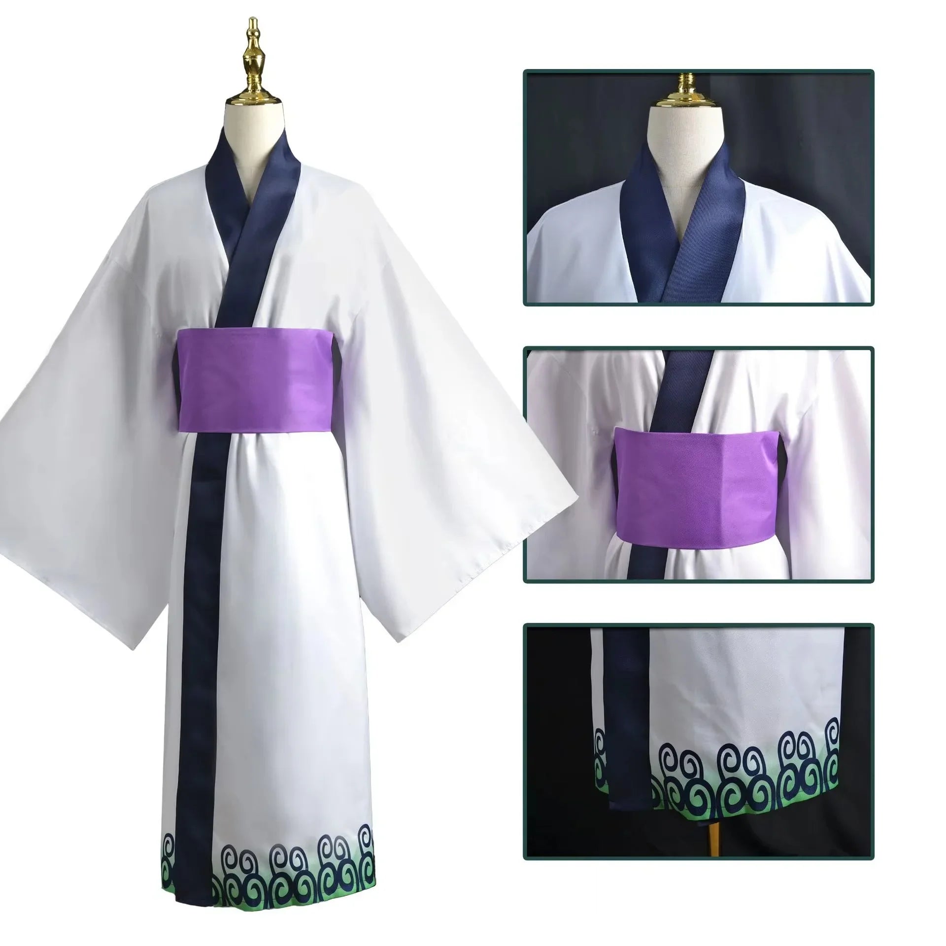One Piece Zoro Halloween costume in white and purple design with flowing sleeves and intricate detailing