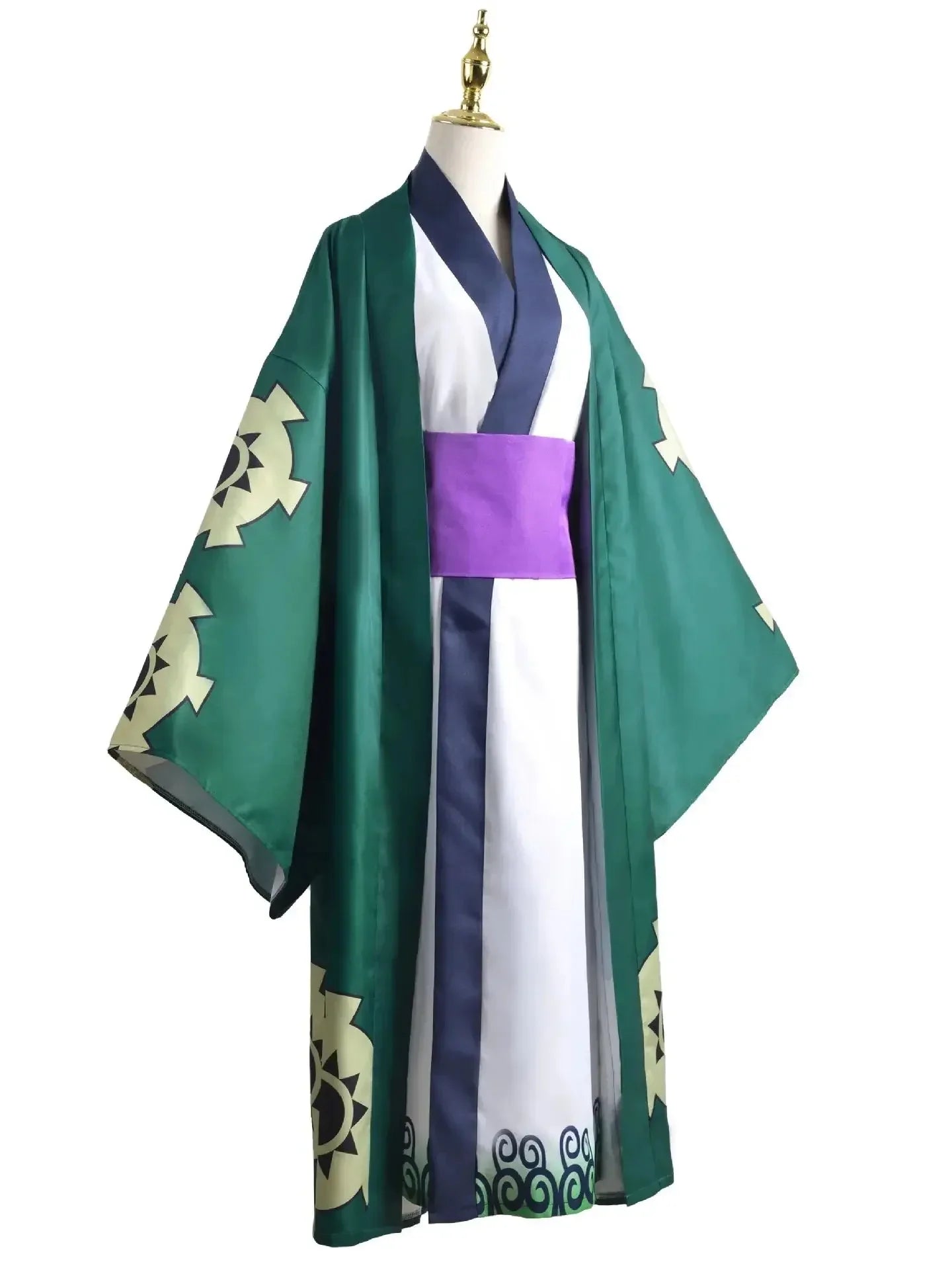 One Piece Zoro Halloween costume featuring a green kimono with purple belt and intricate designs