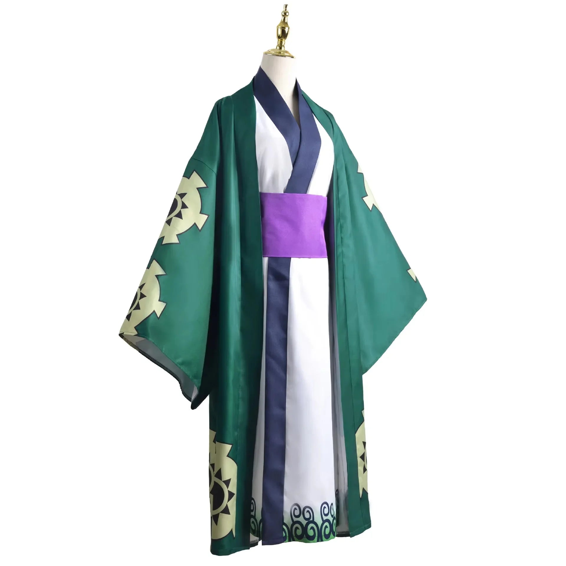One Piece Zoro Halloween costume with green kimono design and purple sash for anime fans