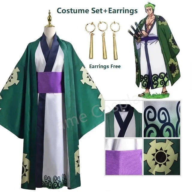 One Piece Zoro Halloween costume featuring a green kimono and earrings for anime fans