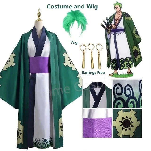 One Piece Zoro Halloween costume including robe, wig, and accessories for fans of the anime