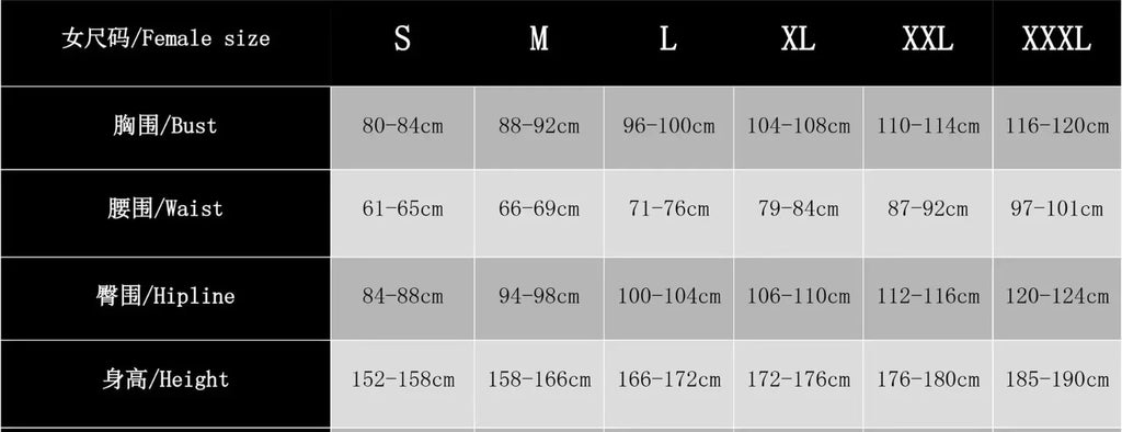 One Piece Zoro Halloween costume size chart displaying female measurements for bust, waist, hip and height