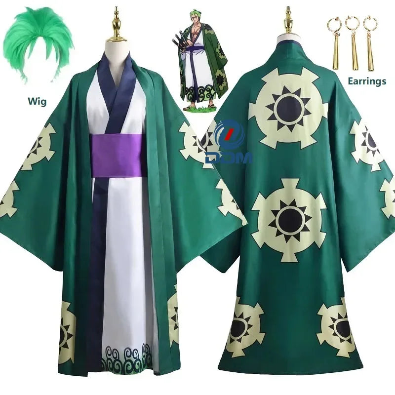 One Piece Zoro Halloween costume including a green cloak, white outfit, wig, and earrings