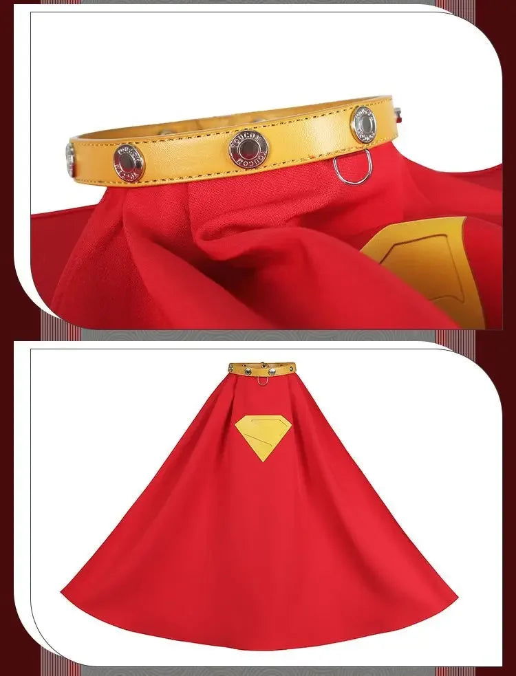Krypto cosplay dog costume featuring a vibrant red cape and yellow collar for superhero pet fans