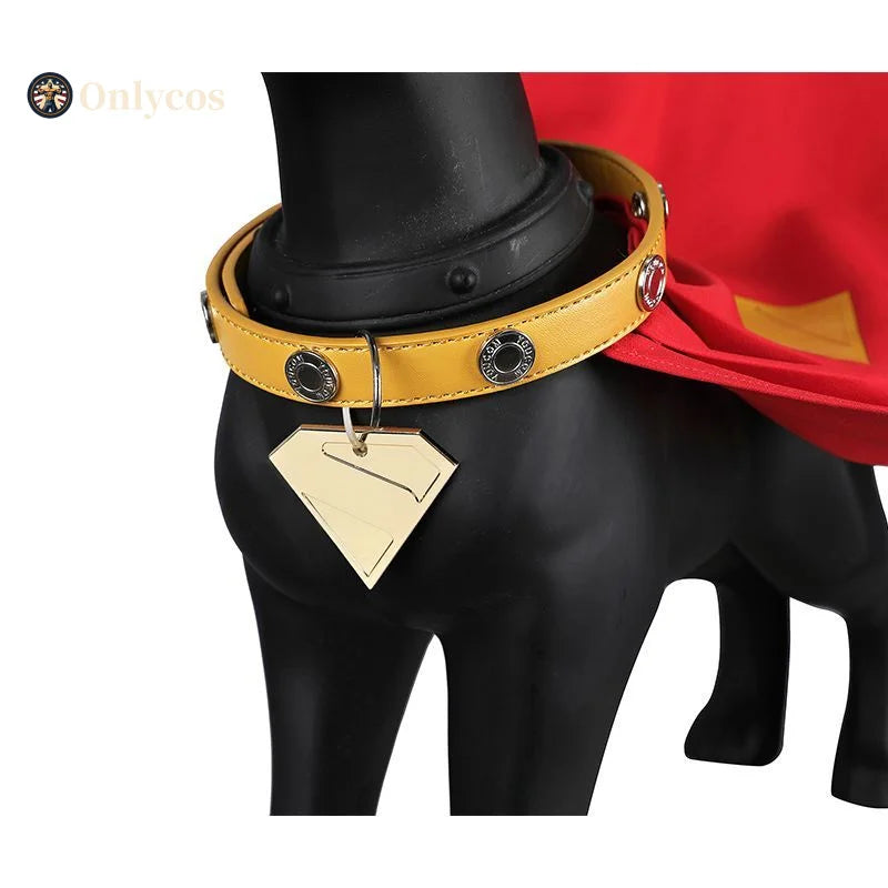 Krypto cosplay dog costume featuring a red cape and a stylish collar with a hero emblem