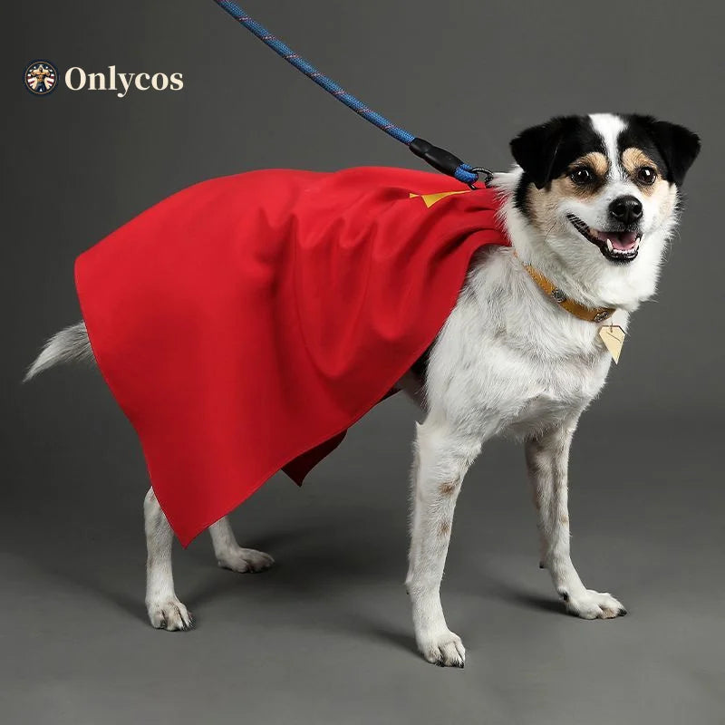 Krypto cosplay dog costume with a red cape for pets designed by Zoomies & Co
