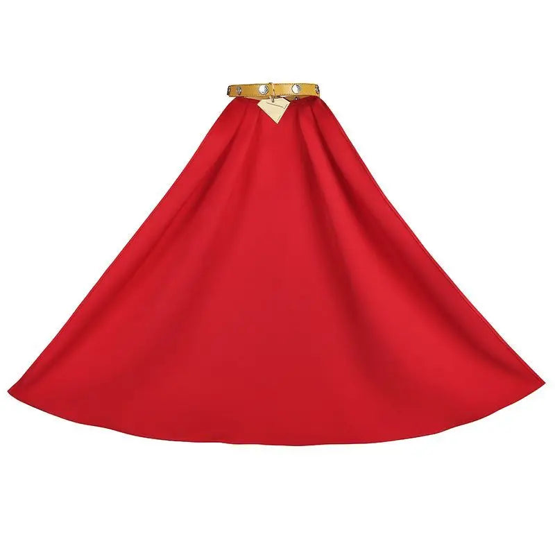 Krypto cosplay dog costume featuring a bright red cape and gold collar for a superhero look