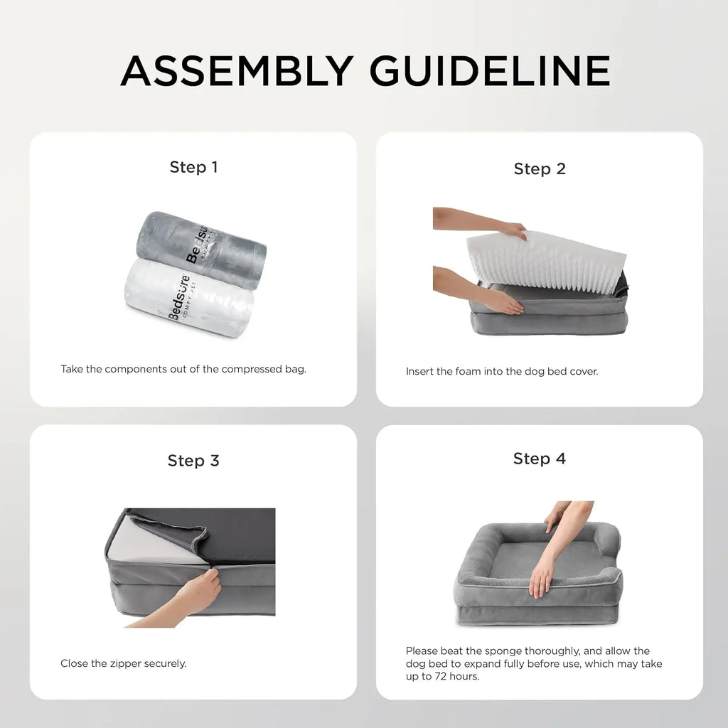 Assembly guide for orthopedic dog bed medium washable with steps for easy setup and care