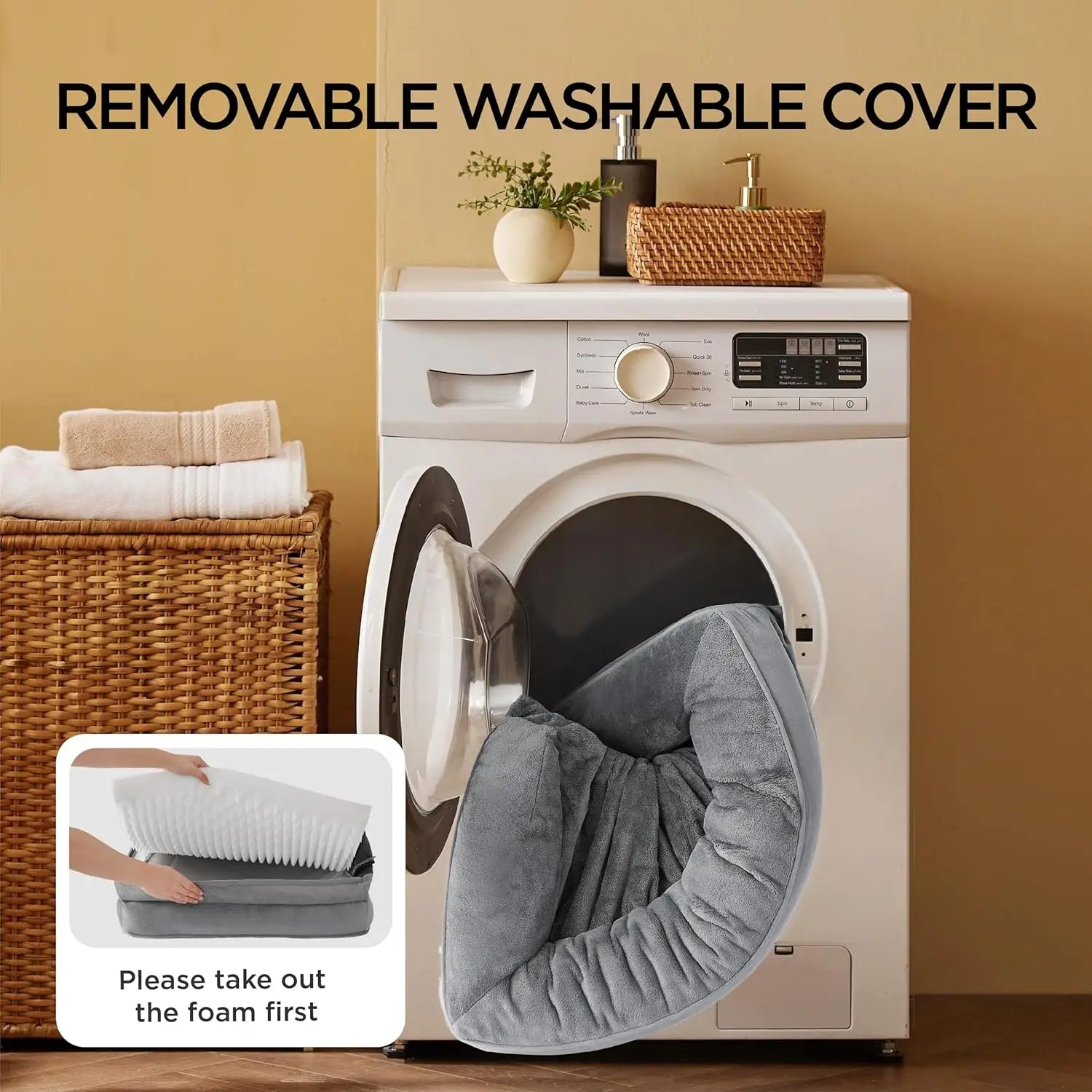 Medium washable orthopedic dog bed with removable cover shown by a washing machine