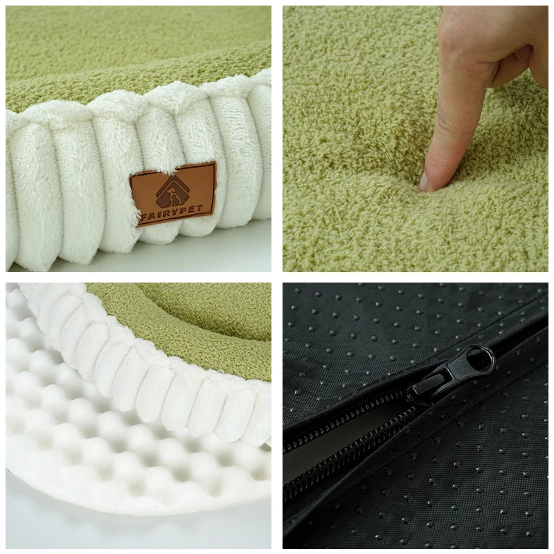 Close-up of an orthopedic dog bed with bolster featuring soft fabric and durable zippered cover