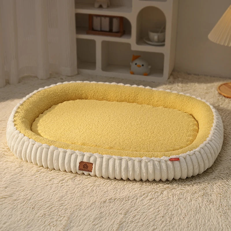 Cozy orthopedic dog bed with bolster in soft yellow and white design for comfortable pet resting
