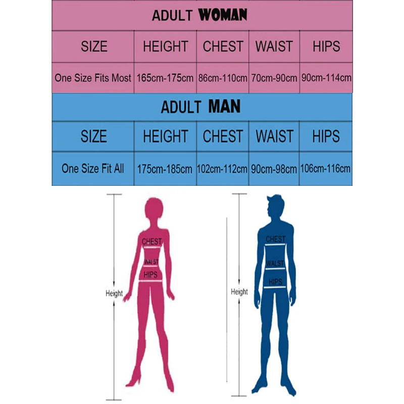 Size chart for party tissue roll dress up set showing dimensions for adult men and women