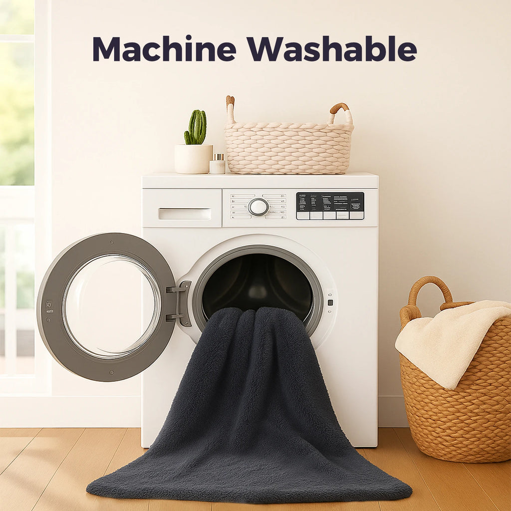 Cozy machine washable foldable dog bed placed near a washing machine for easy cleaning