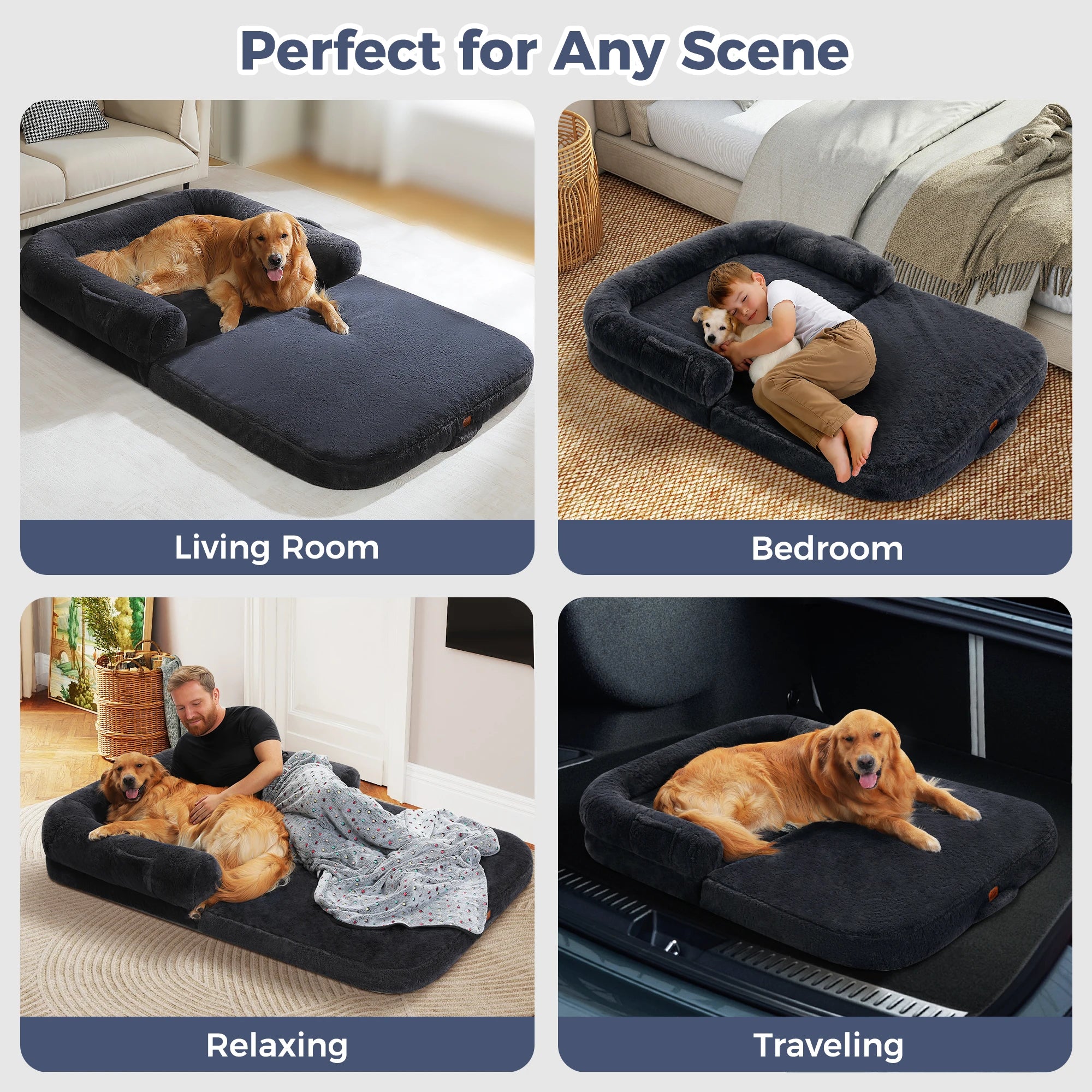 Foldable dog bed in various settings, perfect for living room, bedroom, and travel use.
