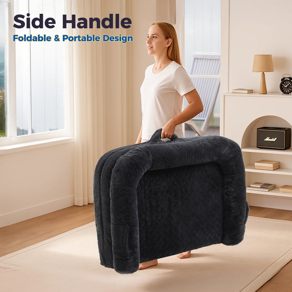 Woman carrying a foldable dog bed with a soft and portable design for easy transport