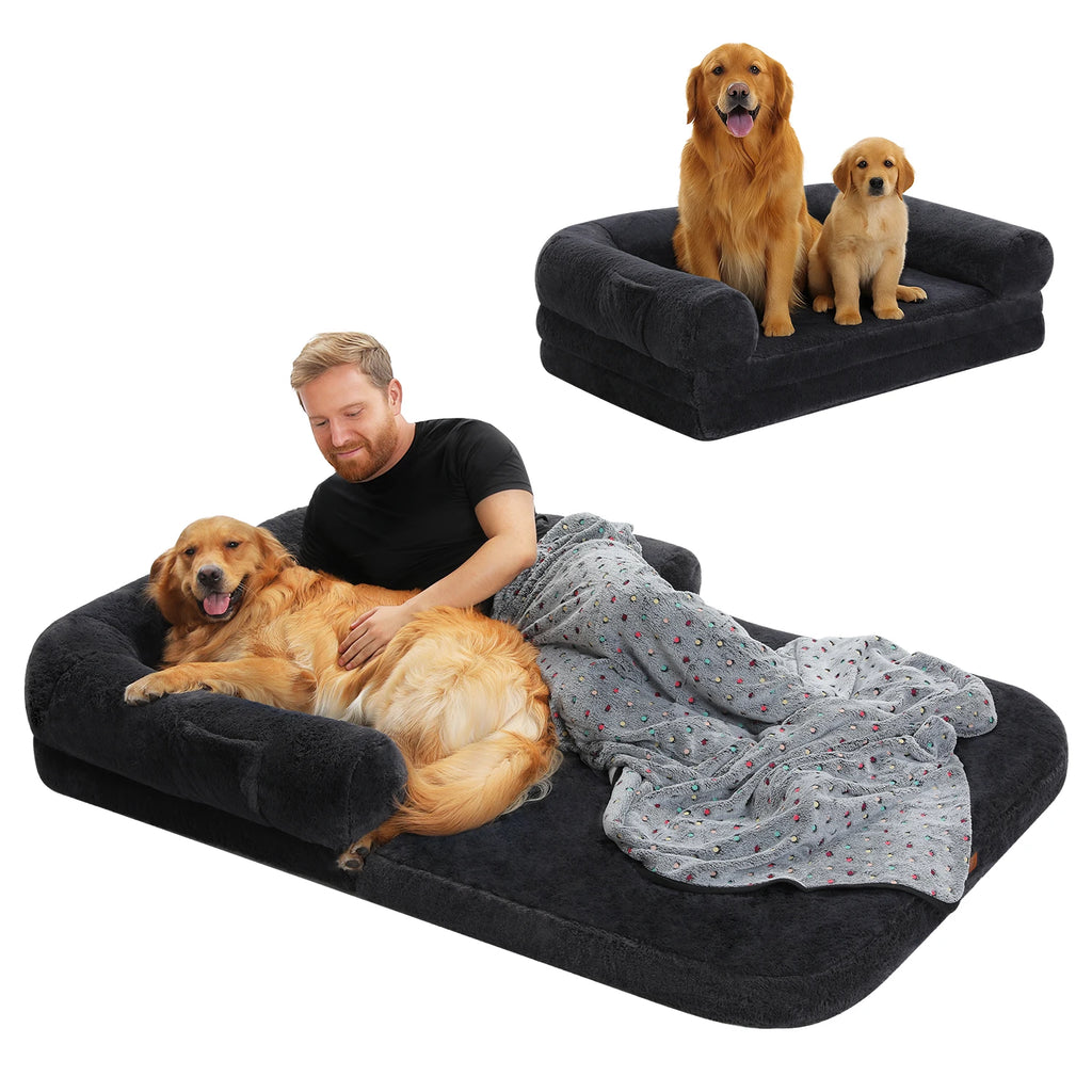 Foldable dog bed in gray with plush cushions for comfort featuring two golden retrievers with a person