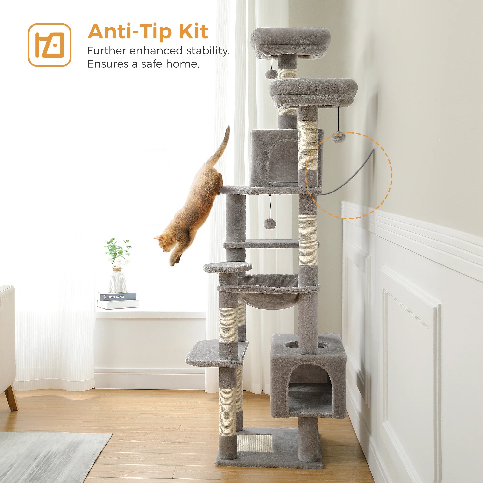 Large cat tree for indoor cats with multi-level platforms and anti-tip stability features