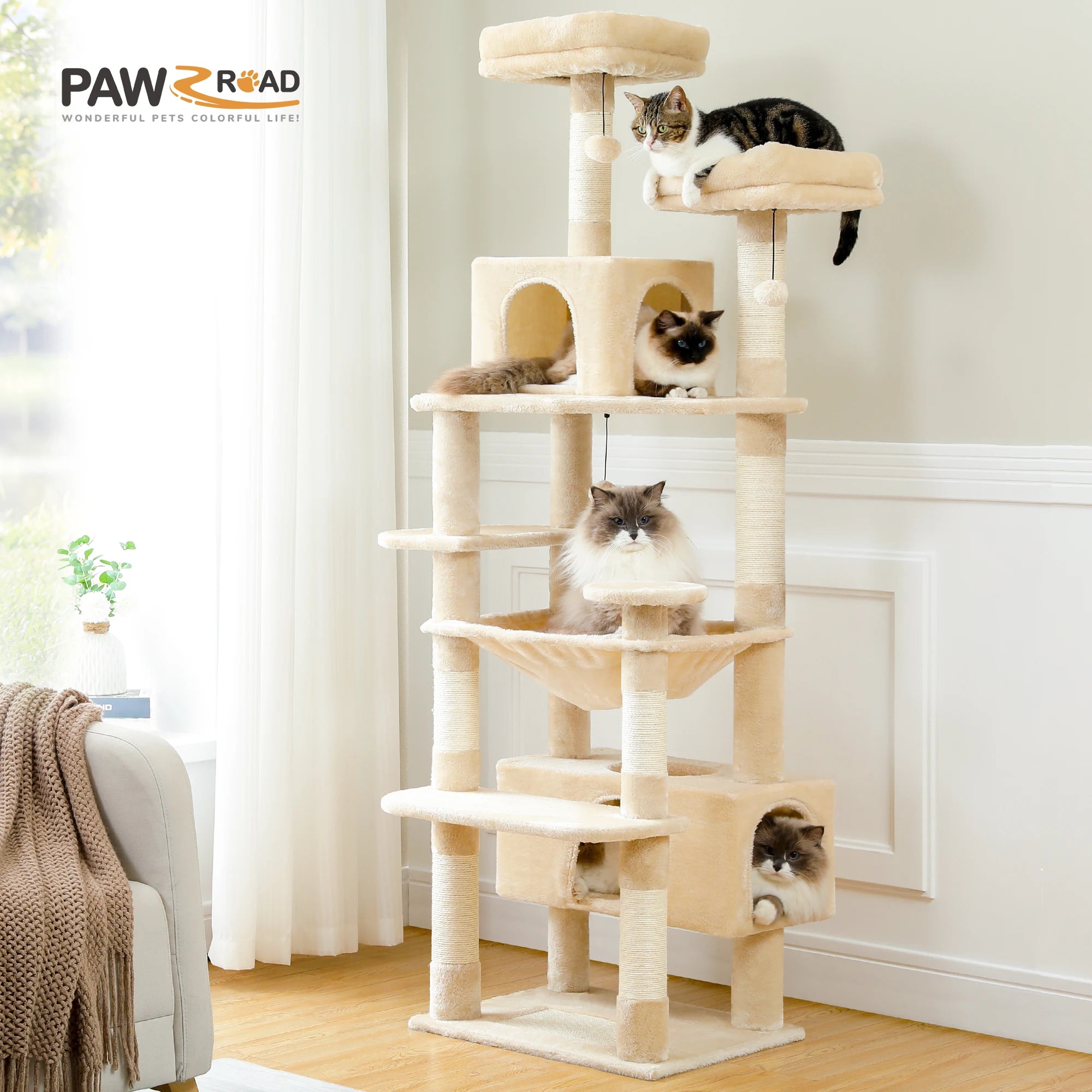 Large cat tree for indoor cats featuring multiple tiers and cozy resting areas for relaxation and play